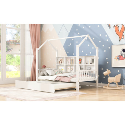 Lit simple blanc avec lit gigogne et tablette, lit confortable pour la structure, aire de jeu semi-fermée