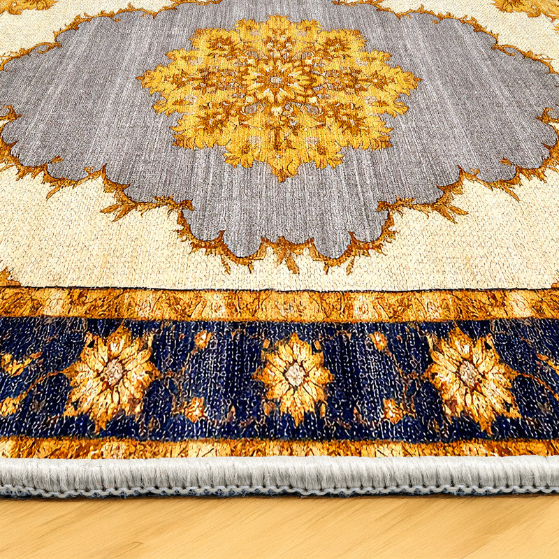 Tapis en coton à imprimé oriental jaune et gris Notton, Rond 3 pi 4 po