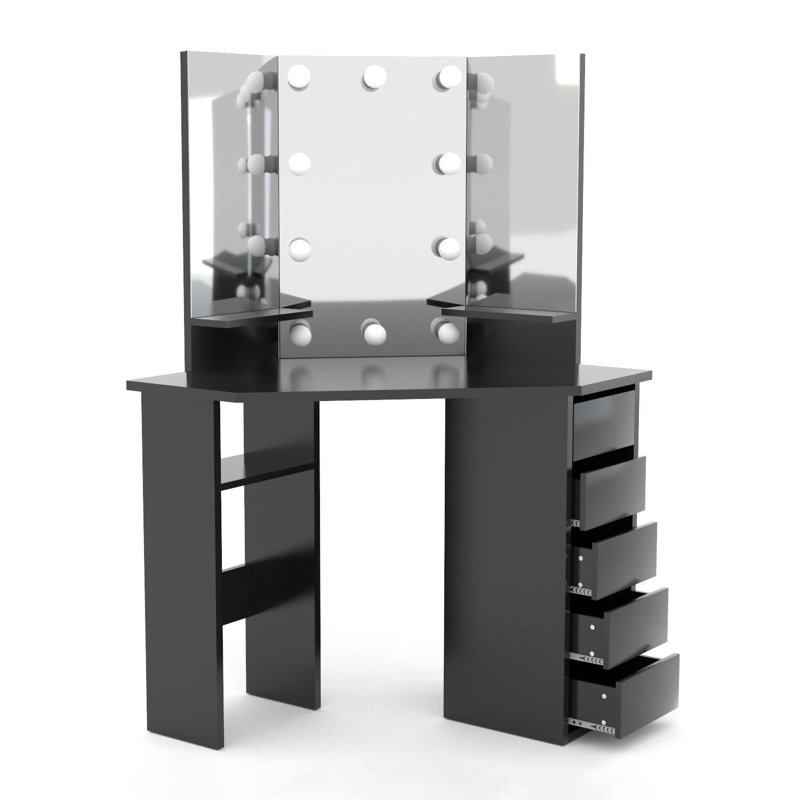 Coiffeuse Kialen avec 3 miroirs et 5 tiroirs, Noir