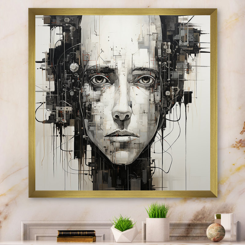" Robotic Minimalism Portrait II ", 24" H x 24" W x 1" D, Gold Single Picture Framed