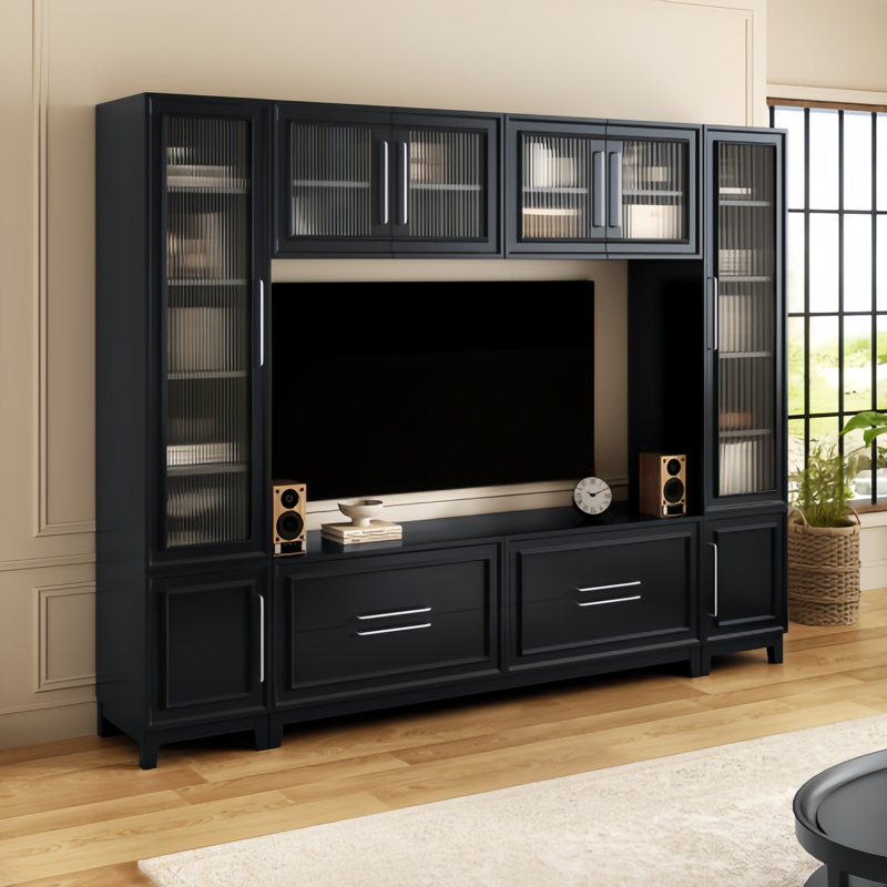 Meuble télé 102 po avec portes et tiroirs en verre pour téléviseur de 75 po ou moins 102 po, Noir