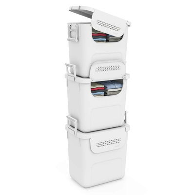 3 PCS Plastic Storage Bins with Front Door & Side Handles for Kitchen, Bedroom White