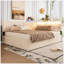 Structure de lit double tapissier avec tête de lit double, 2 tiroirs de rangement, lumière DEL et chargement USB, beige