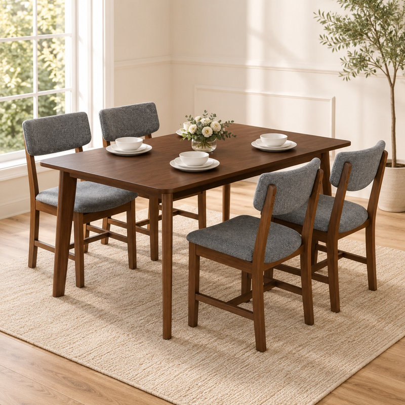 Ensemble de salle à manger 5 pièces - Table en bois massif et chaises rembourrées, Brun