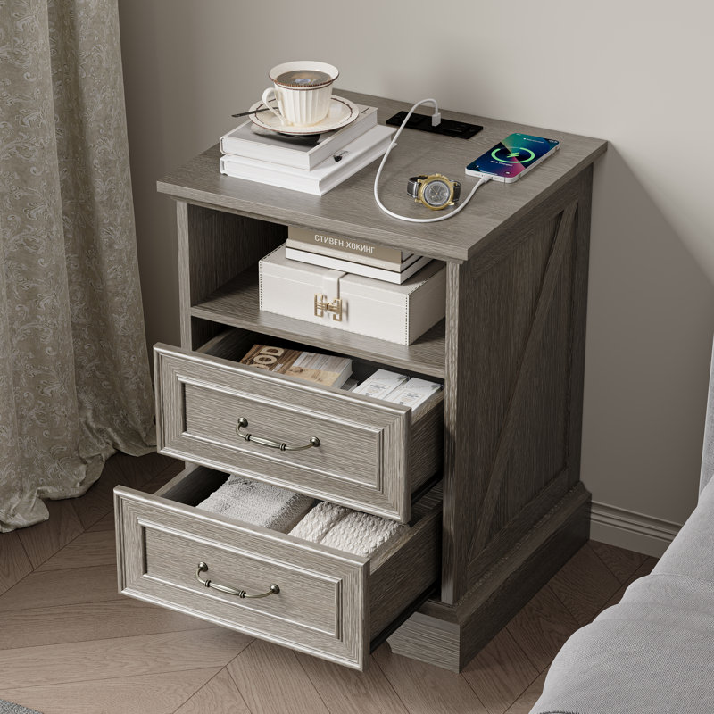 Table de chevet rétro avec 2 tiroirs, Gris argenté