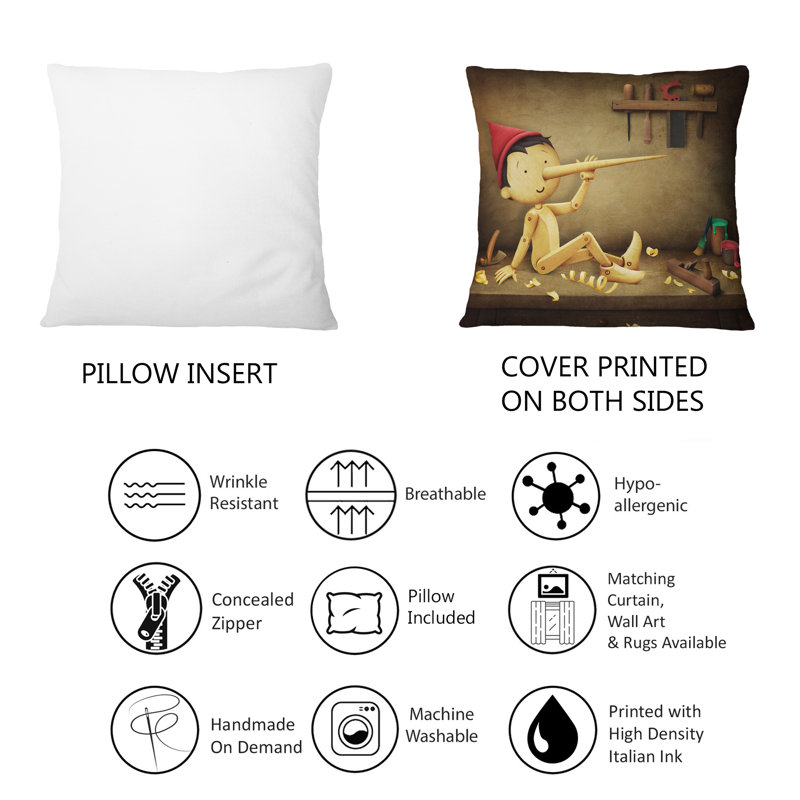 Coussin Pinocchio avec long nez et chapeau rouge - imprimé d'art pour enfants 12 po x 20 po