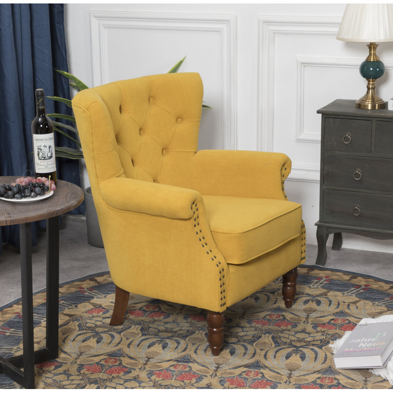 Fauteuil à oreilles en polyester capitonné de 29 po de large Jacquelyn, Polyester à 100 % jaune