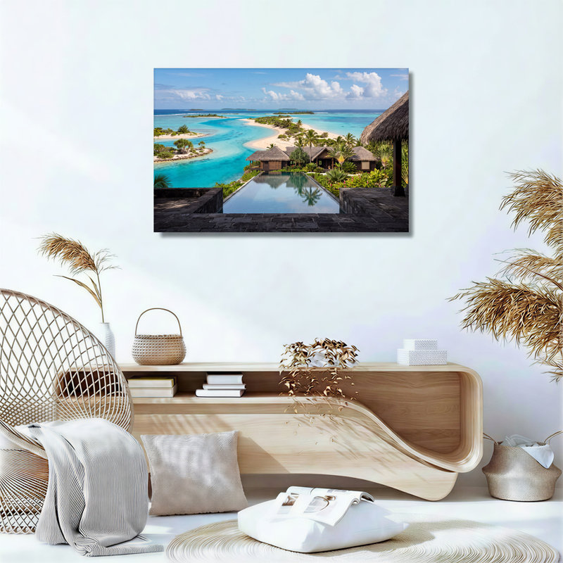 Toile tropicale avec piscine à débordement et lagon turquoise, 12"H x 18"W