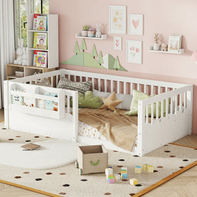Twin Floor Bed With Heightened Fence And Bookshelf , Floor Bed For Kids, .