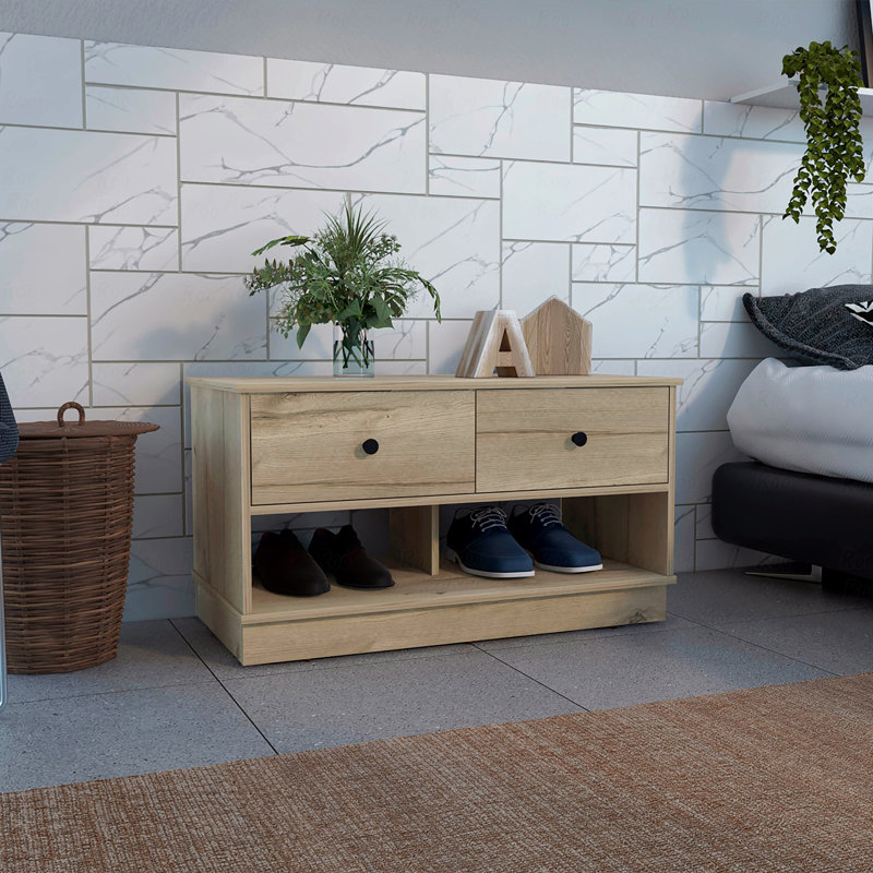 Banc de rangement, deux tablettes ouvertes, deux tiroirs, Beige