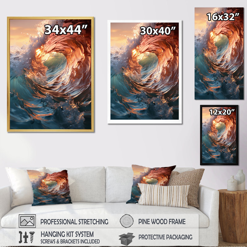 «Beach Photo Sunlit Waves» sur toile, Cadre photo noir, L 12 po x H 20 po