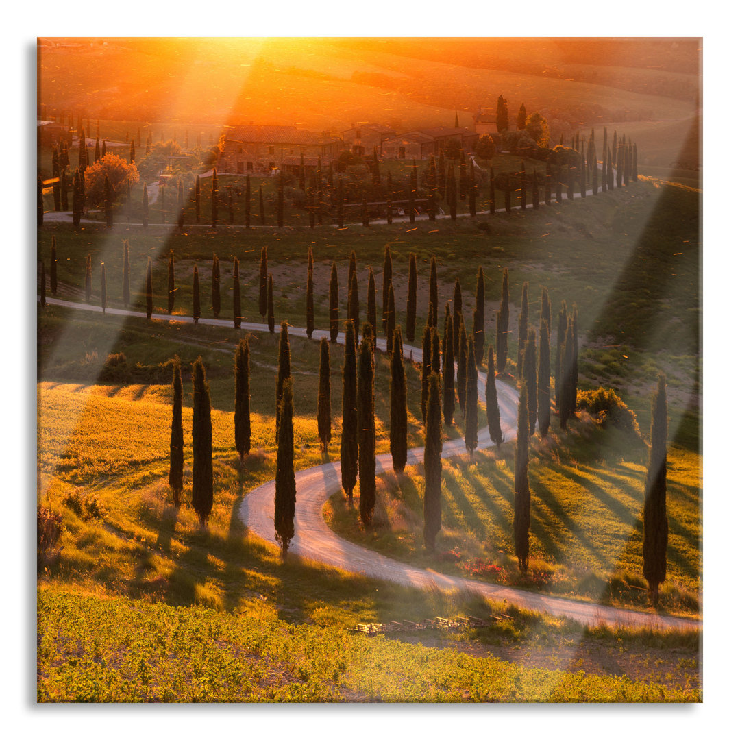 Glasbild Straße in der Toskana im Sonnenuntergang