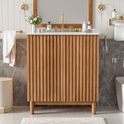 Meuble-lavabo traditionnel de 29,9 po avec lavabo en céramique, pieds en bois massif, tablette réglable en forme de U en MDF, portes à fermeture en douceur et
