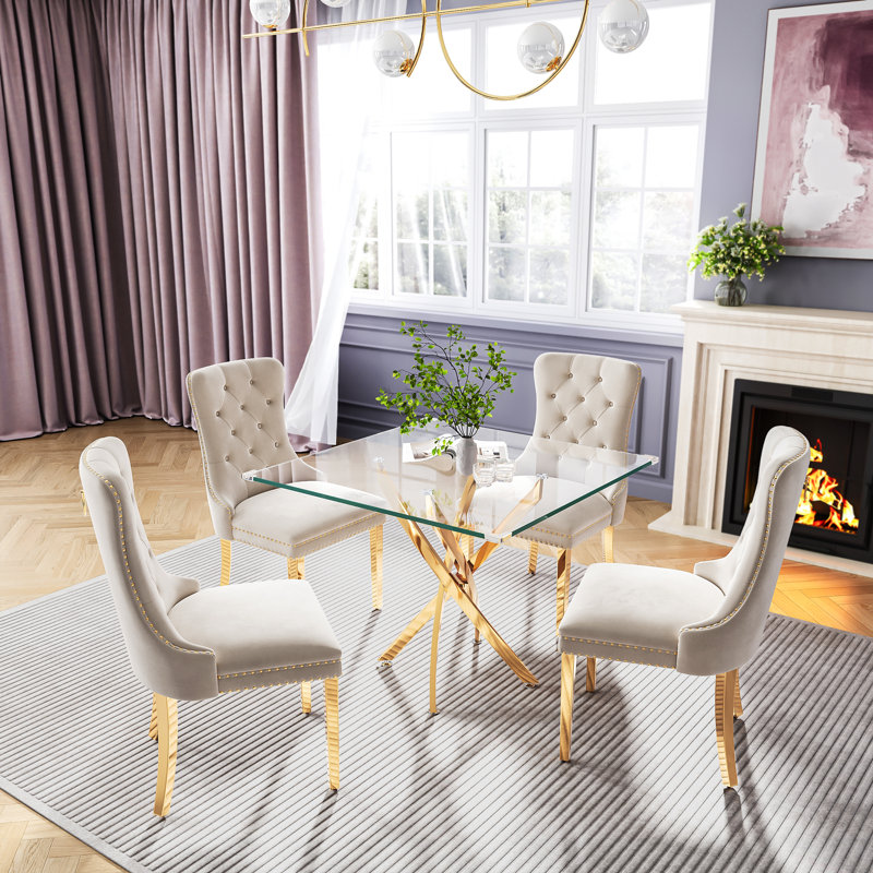 Dining Set, 5 Pieces: Table, 4 Chairs, White/Gold, Gold
