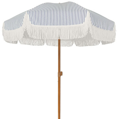 Patio Umbrella with Fringe, Push Button Tilt, 7ft, 1-Tier, (Navy Blue Stripes)