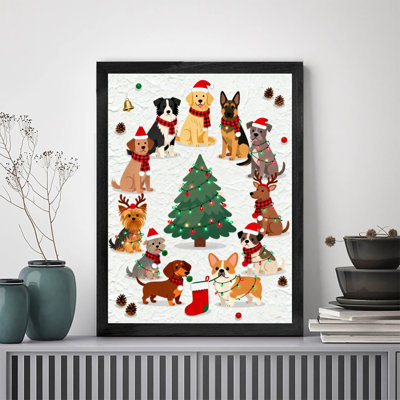 Black Framed Vintage Christmas Dog Wreath Wall Art Retro Style Framed Prints