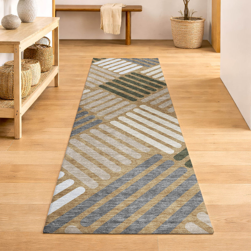 Premium Machine Washable Mayfield AMF2339 Geometric Rug, Gold, 2'3" x 7'6" Runner