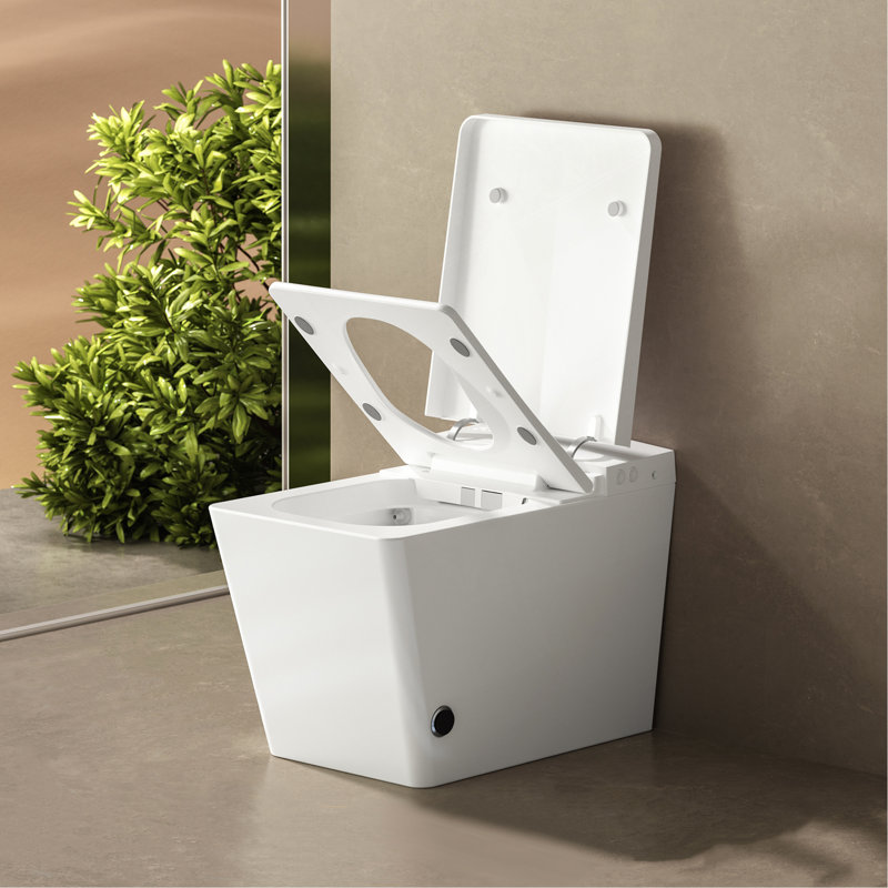 Square Smart Toilet With Built-In Tank For Modern Bathroom, Remote Control, Tankless Bidet Toilet With Foot Touching Lid Opening, Auto Flush, Heated Seat, LED Digital Display, User Memory
