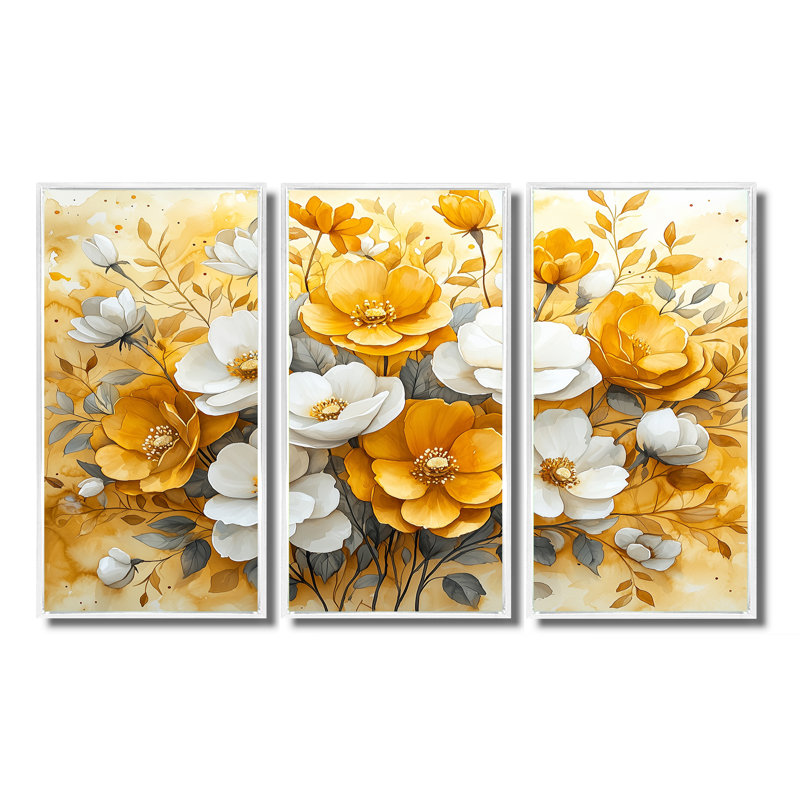 Harmonie dorée de fleurs fuschia - Art mural fuchsia - ensemble de 3, H 28 po x l 36 po, Blanc