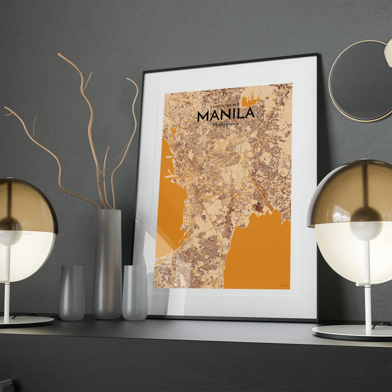 Manille, carte de la ville, impression, H 17 po x l 11 po, Orange / or pâle
