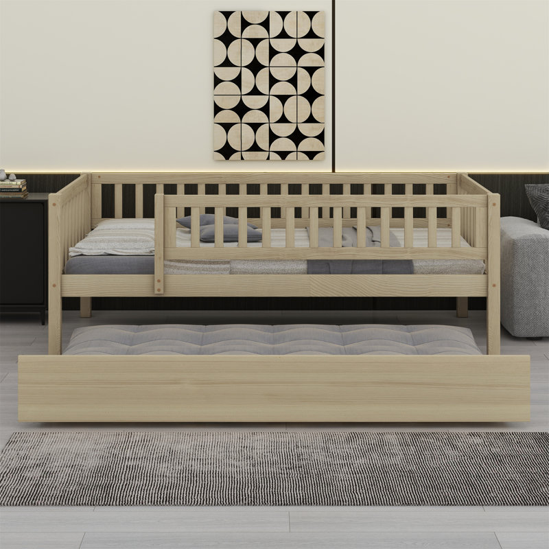 Lit de jour en bois avec couchette et barrière de sécurité, Naturel