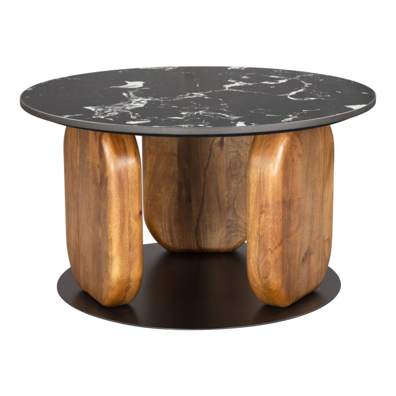 Table basse ronde 30 po en marbre véritable noir et brun et bois massif