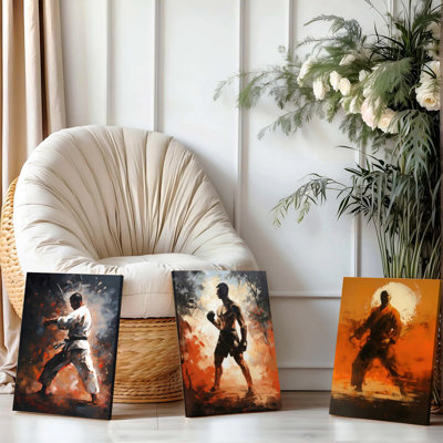3 pièces d'art mural, art martial sur toile encadré, ensemble de 3 peintures abstraites de kung-fu de boxe pour la gymnastique à la maison