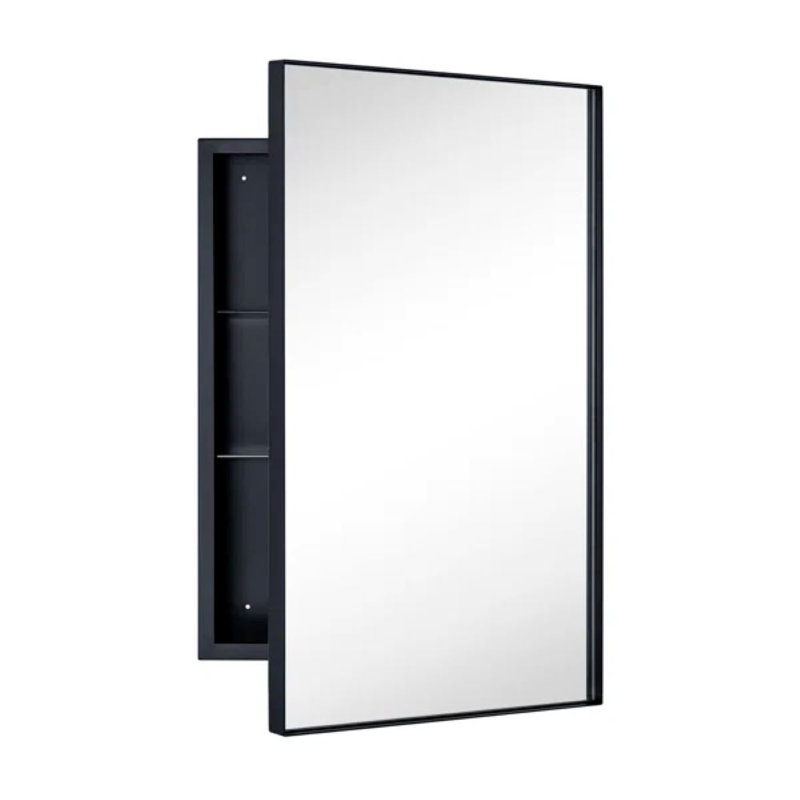 Yasine 16'' W 26'' H Recessed Framed Medicine Cabinet with Mirror and 2 Adjustable Shelves, Black