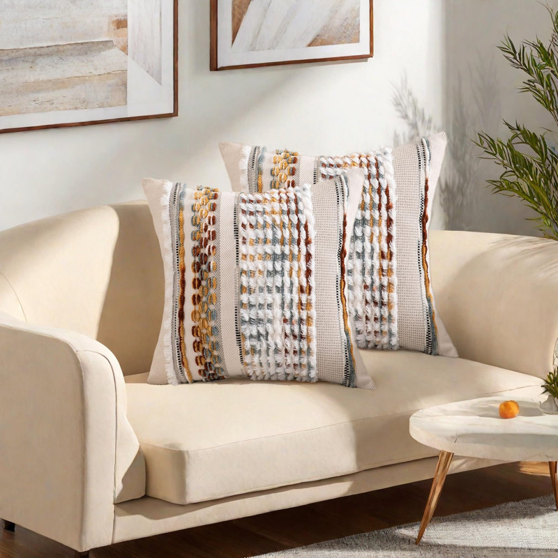 Housses de coussin Boho 18 x 18 pouces, ensemble de 2 taies d'oreiller décoratives en tissu rayé chic et blanc en chenille de style campagnard pour art déco