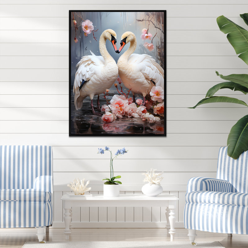 «White Blooming Swan Serenade II», art mural cygnes, Cadre flottant noir, H 40 po x l 30 po