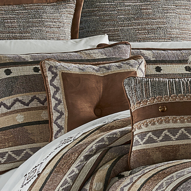 Brown and Beige Jacquard Square Throw Pillow with Button Detail