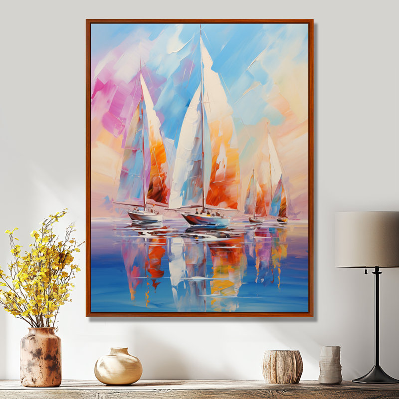 Voiliers abstraits, vents III - bateau à voile, impressions sur toile, H 32 po x l 16 po x P 1 po, Cadre flottant brun