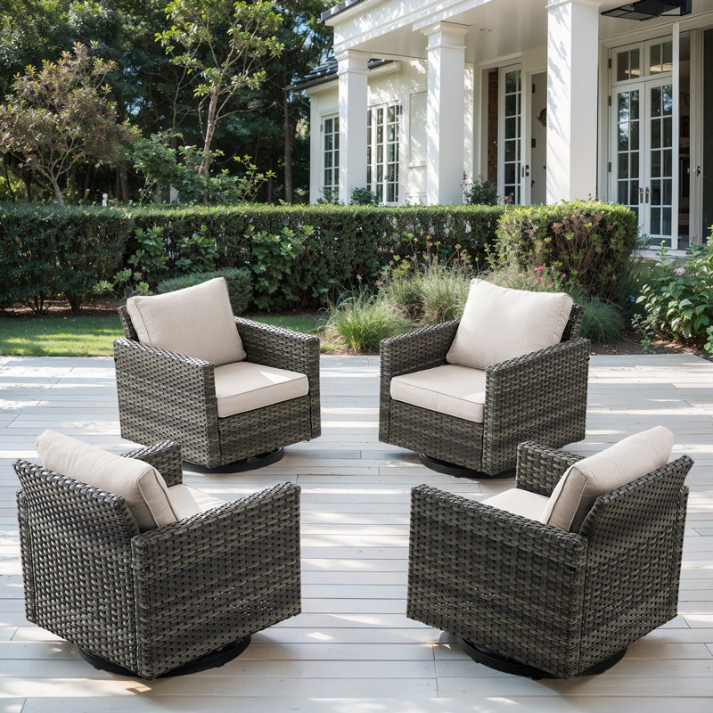 Ingvald Swivel Rocking Patio Wicker Chairs with Cushions (Set of 4), Beige, Gray