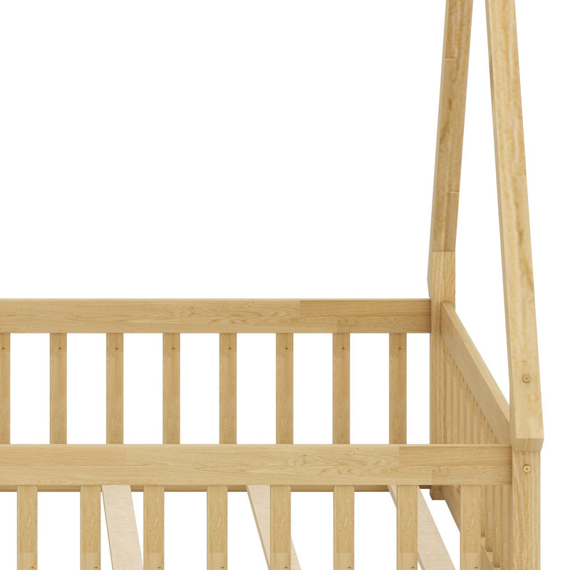Lit fantaisiste en forme de tente avec garde-corps intégrés, lattes de soutien et conception de porte, Lit double, Naturel
