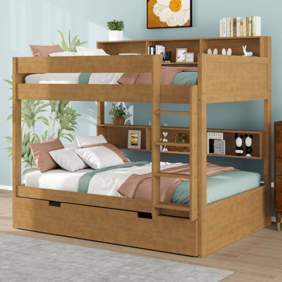 Lit superposé double avec lit gigogne et tablettes intégrées, lit superposé en bois avec rangement