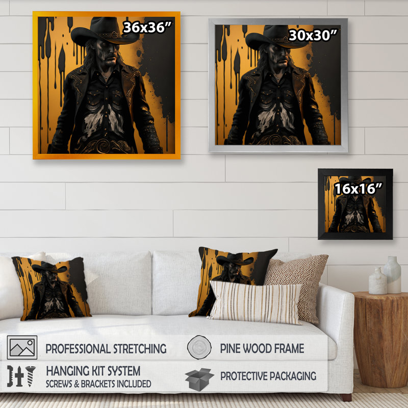 Western Cowboy I - art mural occidental, Impression noire sur toile encadrée, H 16 po x l 16 po x P 1 po