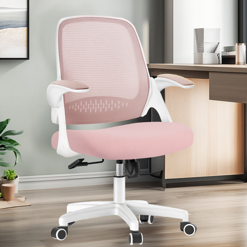  Chaise de bureau ergonomique compacte avec accoudoirs rabattables Nahjee, Rose, Plastique