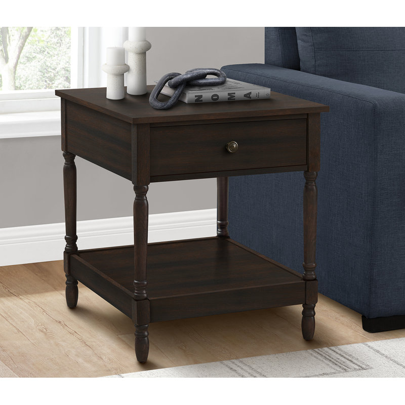 Table d'appoint, 2 niveaux, table de bout, table d'appoint, carré, table de chevet, chambre à coucher, lampe, placage brun, traditionnel