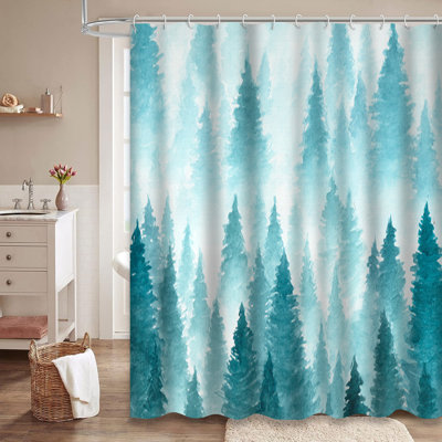 Watercolor Painting Winter Forest Landscape Tree Dark Blue Shower Curtain with 12 Hooks
