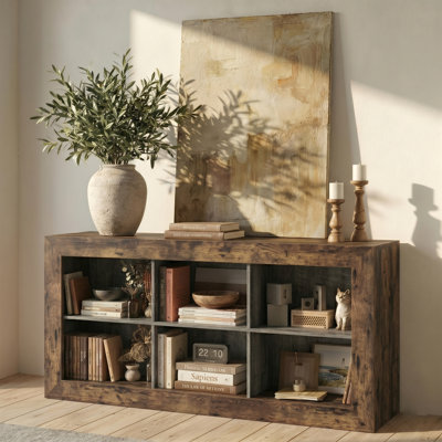 63" Rustic Farmhouse Wooden Console Table With 6 Open Storage Cubbies