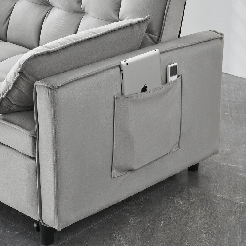 Canapé-lit convertible 3-en-1 en velours avec canapé et oreiller, Grey Velvet, Grey