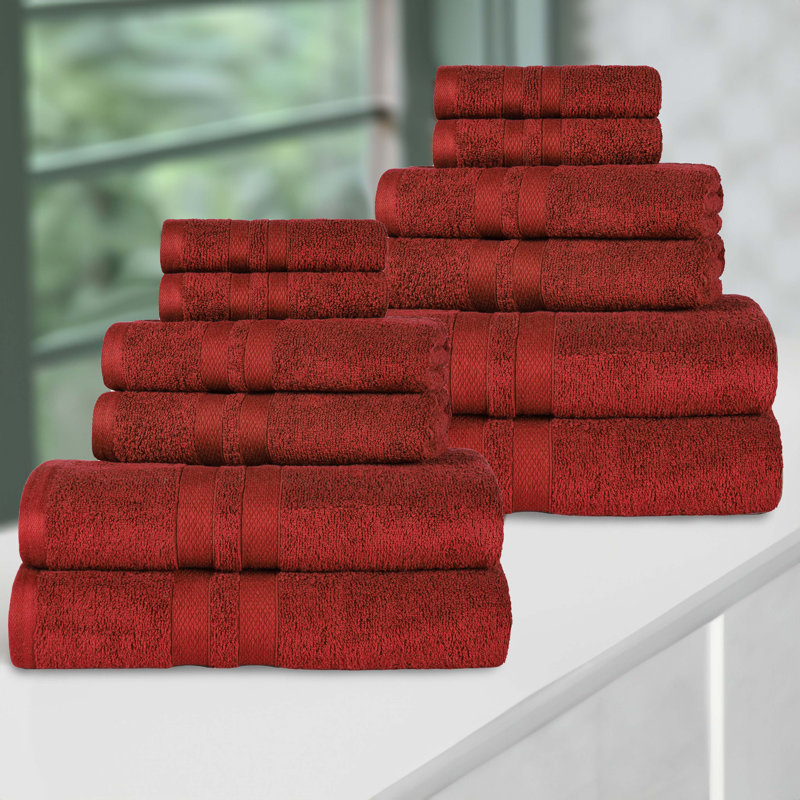 Ultra-Soft Cotton Solid Double Line Dobby Border Quick-Drying 12 Piece Assorted Towel Set, Maroon