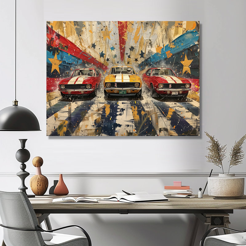 Drapeau américain de couleur rétro Muscle Race II - Piste de course murale, Toile tendue, H 30 po x l 40 po x P 1,5 po