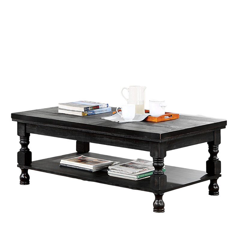 Table basse de style rustique noir antique avec tablette inférieure ouverte