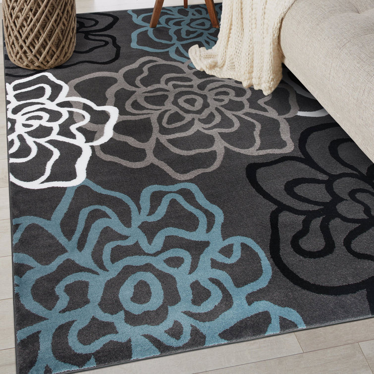 Carius Performance Floral Gray/Blue/Black/White Area Rug – Modern Floral Design, Living Room, Bedroom, Dining Room, Durable & Easy to Clean Carpet