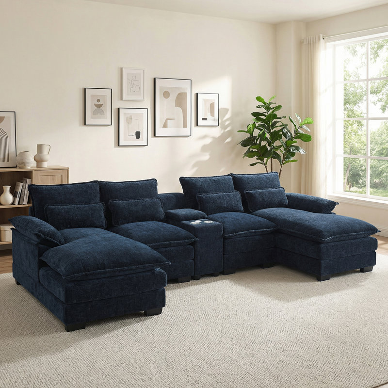 123" Modern U-shaped Sectional Sofa With Console, Cup Holders And Usb Charger, Blue Polyester