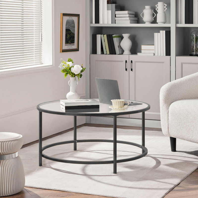 Cellestine Round Glass Coffee Table, Black, 18" H x 36" L x 36" W