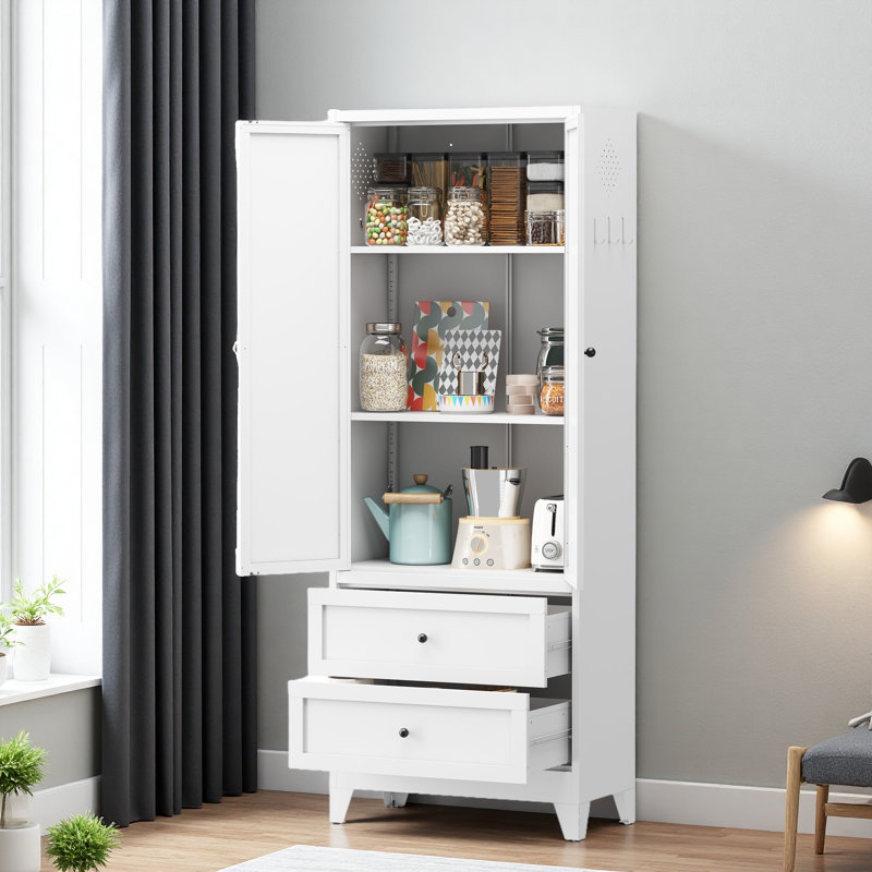 Armoire de rangement 72 po avec 2 tiroirs, armoire de rangement de cuisine autoportante avec tablettes réglables, organisateur robuste pour les épices