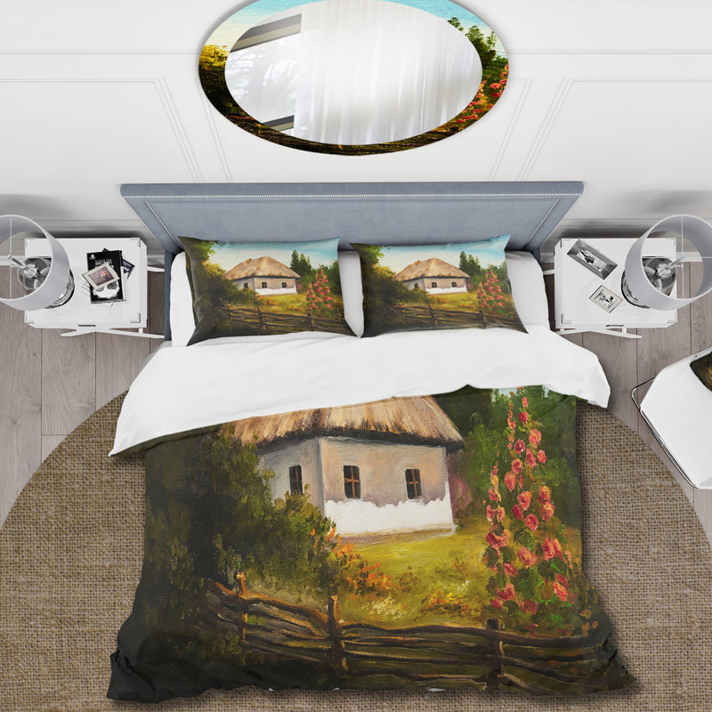 Ensemble de housse de couette House On The Mountain With Blossoming Flowers II - Traditional Polyester