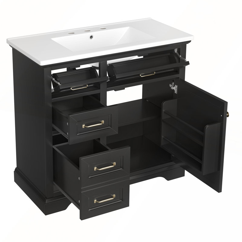 Meuble-lavabo sur pied 36 po avec lavabo en céramique, Noir